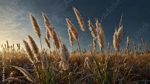 Animation of Spring Morning Light on Reed Grass. Fresh morning dew and soft light on reed grass. Realistic motion. photo