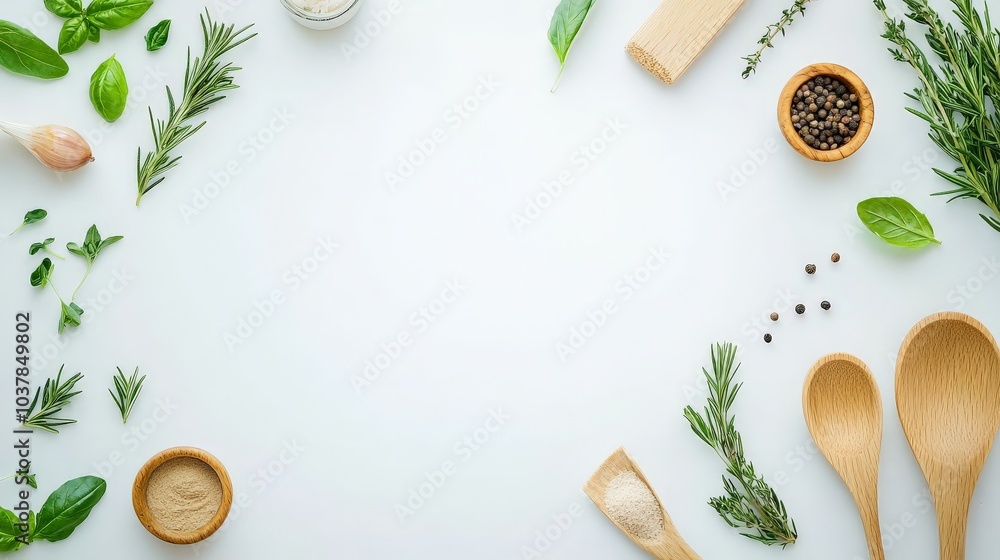 Fresh Herbs and Cooking Utensils on White Background Fresh Herbs and Cooking Utensils on White Background