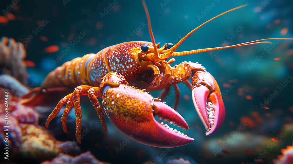 A vibrant lobster navigating through a colorful coral reef, showcasing its distinctive claws and intricate patterns against a blurred underwater backdrop.