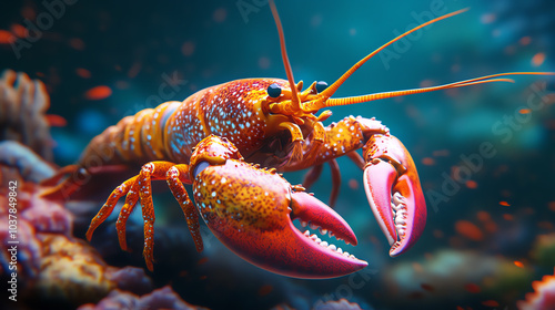 Obraz na płótnie A vibrant lobster navigating through a colorful coral reef, showcasing its distinctive claws and intricate patterns against a blurred underwater backdrop. w salonie