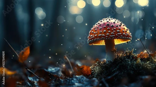 Red Mushroom with White Spots in a Dark Forest