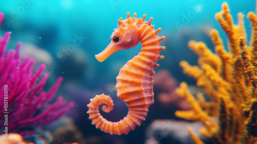 A vibrant sea horse gracefully swims among colorful coral, showcasing the beauty of marine life in a coral reef habitat. photo