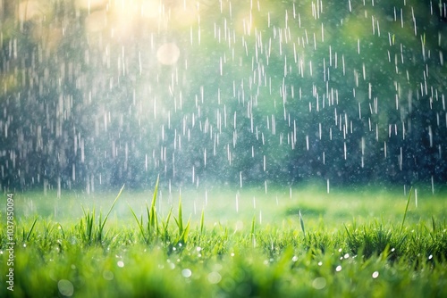 Close-Up of peaceful afternoon gentle rain falling on field