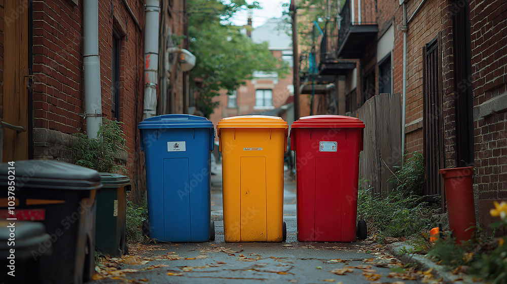 Three trash cans in the colors blue, yellow, and red standing on an alleyway of a residential area in Montreal Three trash cans in the colors blue, yellow, and red standing on an alleyway of a residential area in Montreal