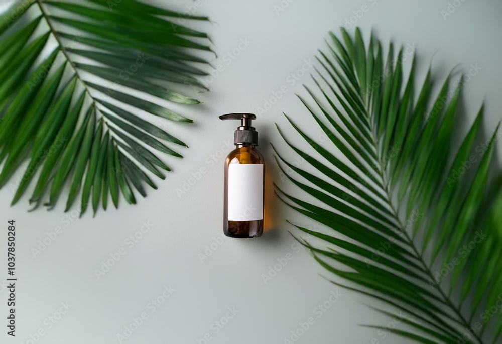 A brown bottle with a white label and a pump dispenser sits in the middle of a white background, surrounded by two green palm leaves. A brown bottle with a white label and a pump dispenser sits in the middle of a white background, surrounded by two green palm leaves.