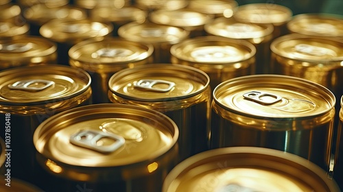 Golden Cans in a Row on a Production Line