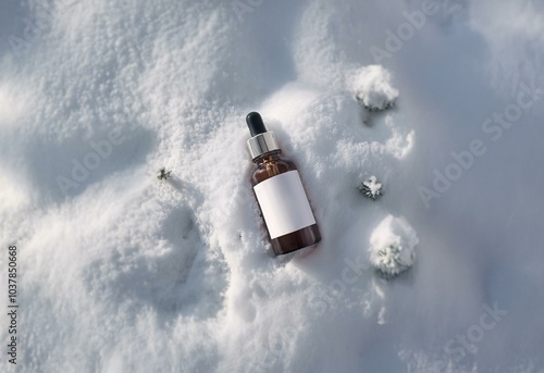 A brown glass bottle with a dropper rests on white snow.