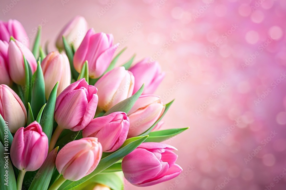Obraz premium Close-up of pink tulips bouquet on pastel background