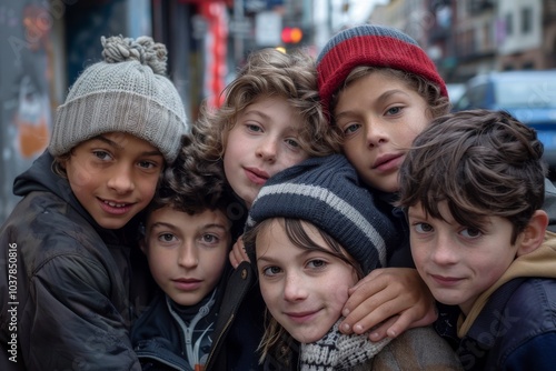 Portrait of a group of children in winter clothes on the street