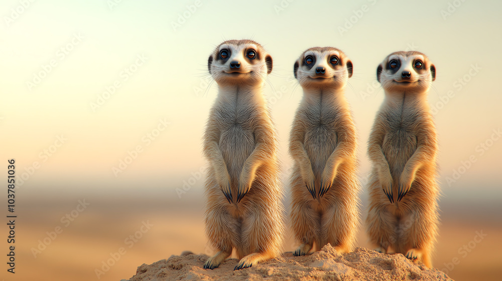 Three meerkats standing upright in a desert setting, showcasing their curious nature against a warm, blurred background. Three meerkats standing upright in a desert setting, showcasing their curious nature against a warm, blurred background.
