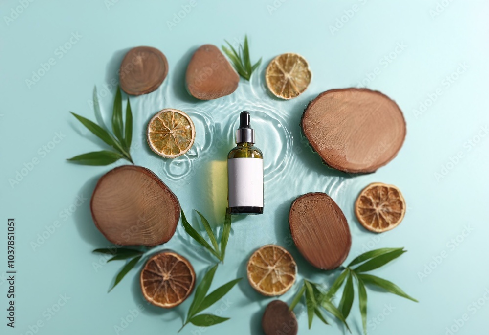 A bottle of serum is surrounded by wood slices, dried citrus fruit and green leaves on a blue background. A bottle of serum is surrounded by wood slices, dried citrus fruit and green leaves on a blue background.