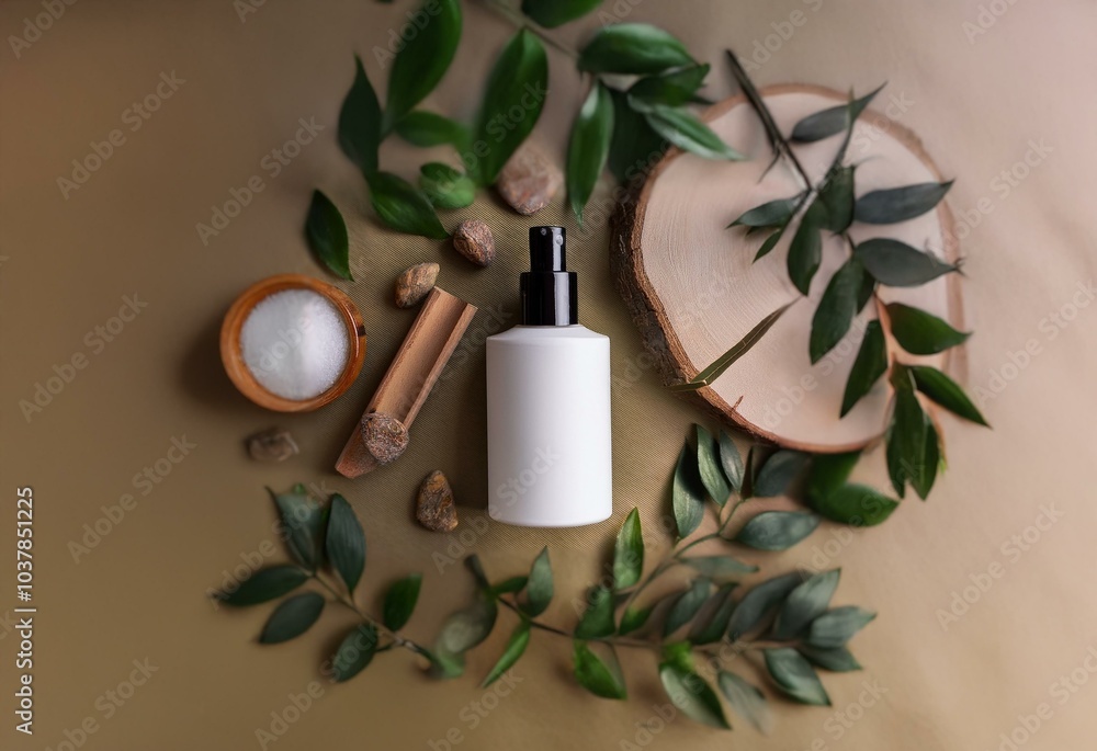 A white bottle of product sits amongst green leaves and wooden accents on a light brown surface. A white bottle of product sits amongst green leaves and wooden accents on a light brown surface.