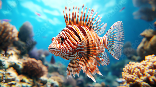 Vibrant lionfish swimming gracefully through a colorful coral reef, showcasing its unique patterns and striking colors amid a vivid underwater landscape.