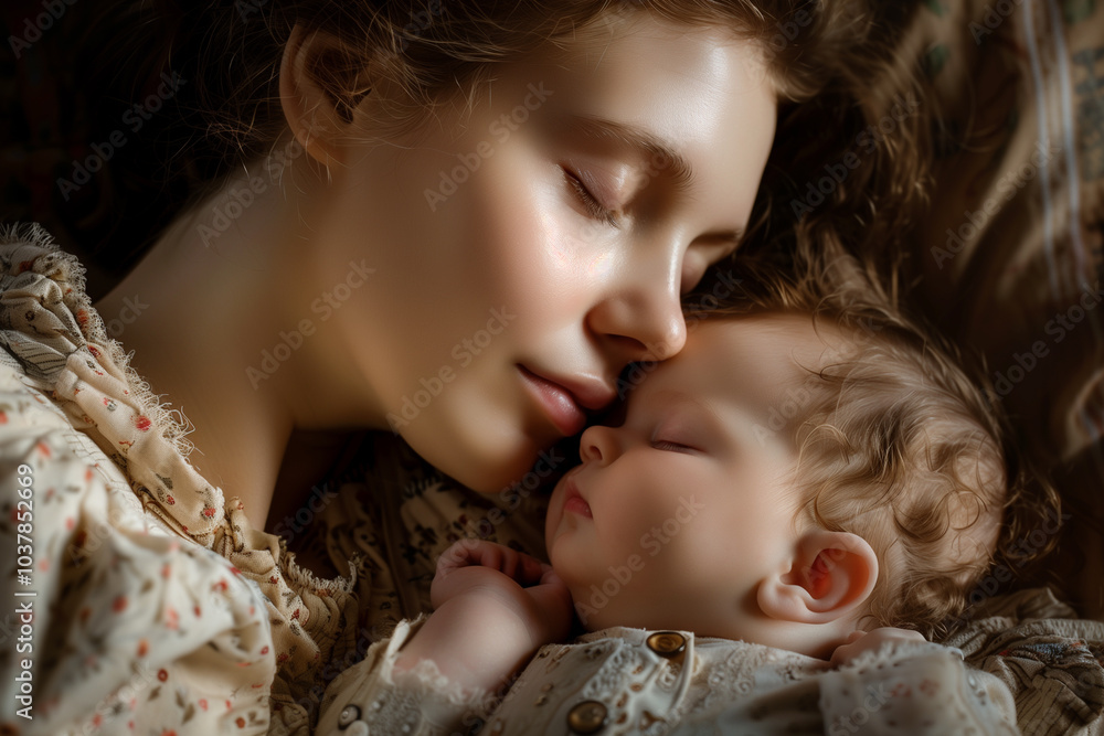  Tranquil scene of a mother and baby peacefully sleeping in serenity