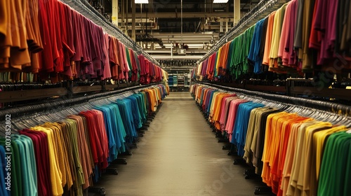 Colorful Rack of T-Shirts in Warehouse Setting photo