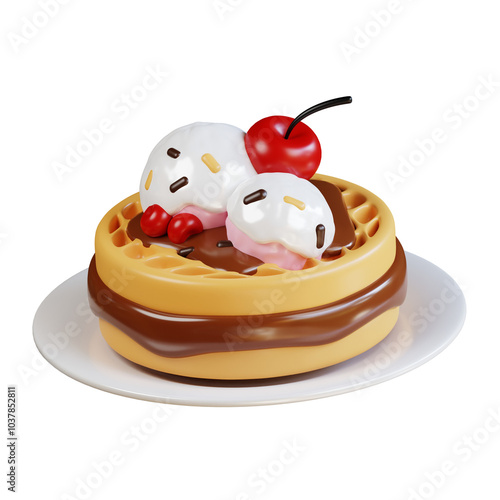 3d Waffle topped with chocolate, ice cream, and cherry on plate. Perfect for food bloggers, menus, dessert recipes, and social media.