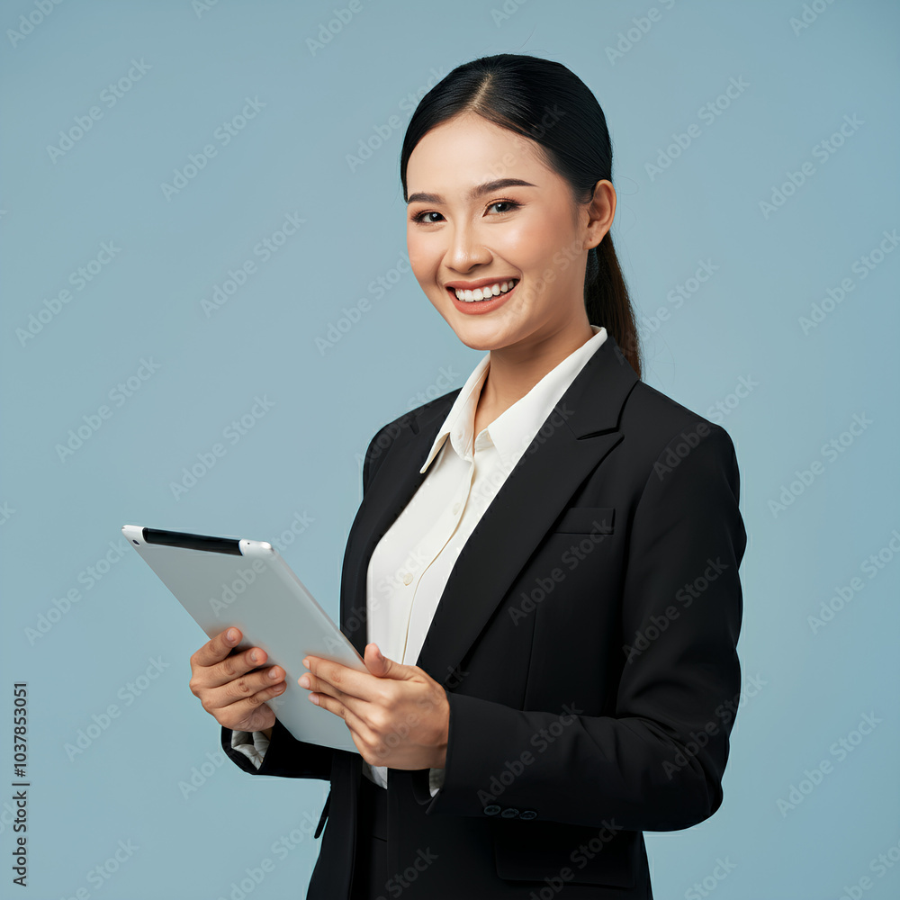 A confident young woman in a business suit smiles while holding a tablet against a light blue background. A confident young woman in a business suit smiles while holding a tablet against a light blue background.