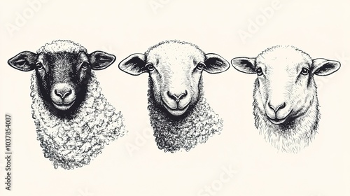 A vintage retro print featuring a detailed black and white drawing of a sheep, lamb, and mutton, showcasing the artistry of ink and pencil sketching in an old-school engraving style.  photo