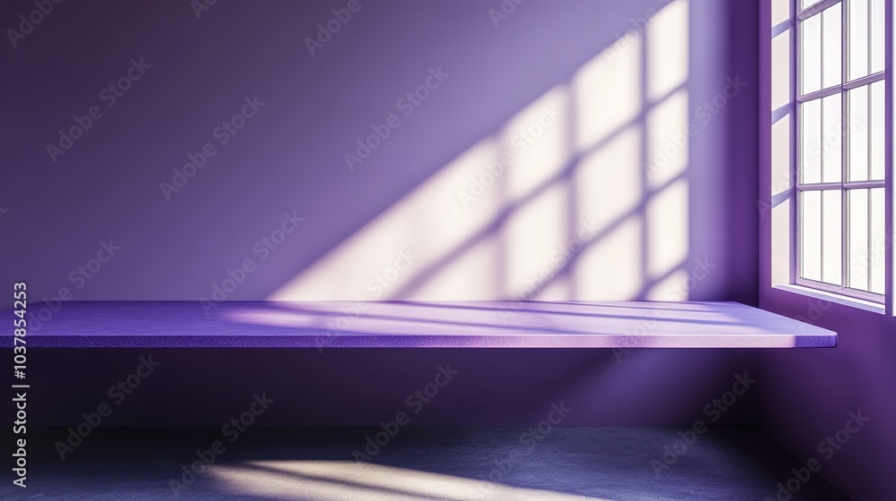 Obraz premium 3D room studio with tabletop. Floor and wall with empty purple podium. Overlay of shadow from the window onto the tabletop. Bright violet kitchen Mockup with countertop in purple color