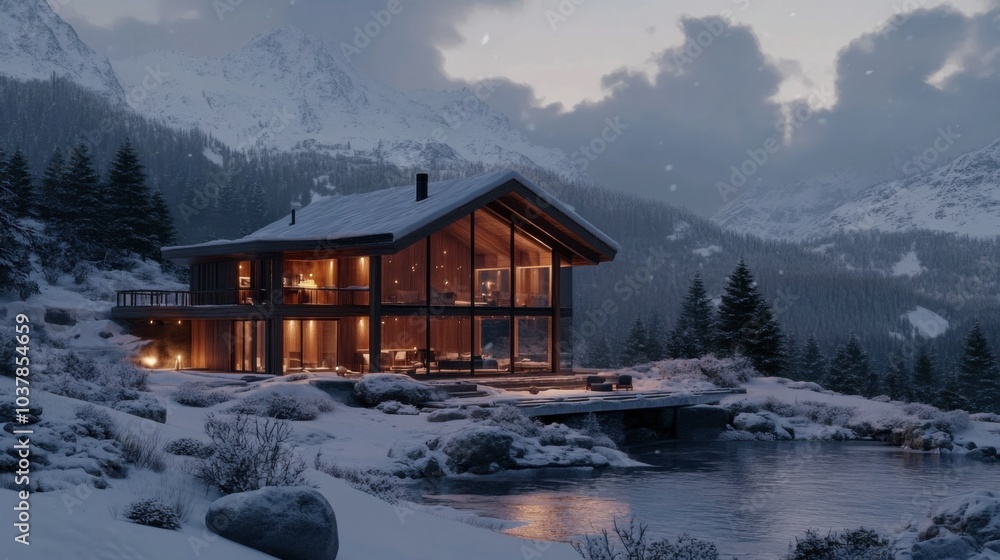 A cozy mountain retreat epitomizes tranquility, featuring Scandinavian design with glass walls and warm interiors. The snowy landscape enhances the inviting ambiance. Generative AI A cozy mountain retreat epitomizes tranquility, featuring Scandinavian design with glass walls and warm interiors. The snowy landscape enhances the inviting ambiance. Generative AI