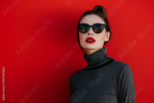  Chic woman in black sunglasses and turtleneck poses elegantly against a bold red background