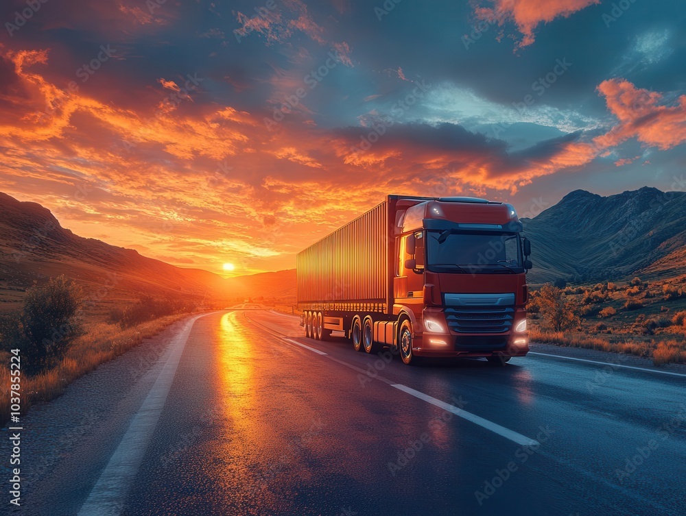 a logistics concept depicting a container truck navigating a highway at sunset, emphasizing the import-export industry with a breathtaking sky backdrop a logistics concept depicting a container truck navigating a highway at sunset, emphasizing the import-export industry with a breathtaking sky backdrop