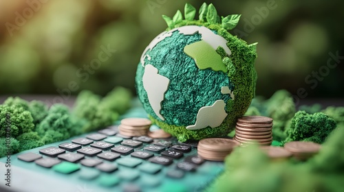 Fototapeta Naklejka Na Ścianę i Meble -  Green Earth Globe on Calculator with Coins and Moss