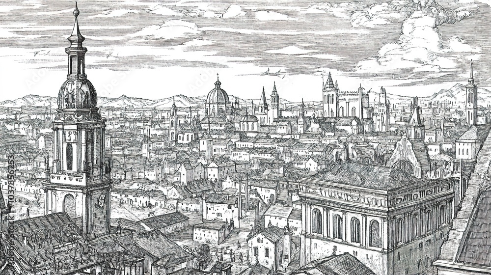 Obraz premium A captivating depiction of the ancient city of Munich, presented in the style of an ancient engraving. This artwork captures the historical architecture and vibrant street life of Munich, 