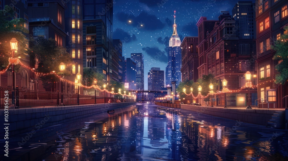 Naklejka premium Night Cityscape with a Waterway