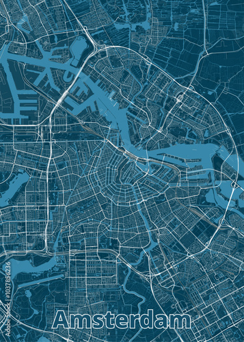 A detailed map of Amsterdam, Netherlands, rendered in a minimalist style. The map features a dark blue background with white lines representing streets, canals, and other urban features.