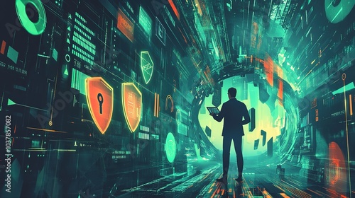 A Chief Information Security Officer (CISO) standing in a futuristic cyber landscape surrounded by digital shields, locks, and fluctuating graphs. The CISO monitors market volatility and cybersecurity