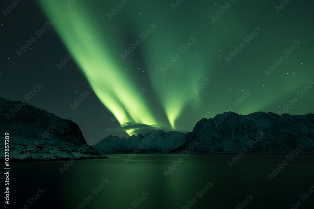 Breathtaking Northern Lights Illuminating Snowy Mountains and Frozen Lake at Night Breathtaking Northern Lights Illuminating Snowy Mountains and Frozen Lake at Night
