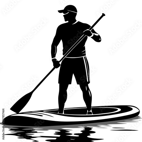 Stand-Up Paddleboarder Silhouette: A powerful silhouette of a man stand-up paddleboarding on calm water, showcasing strength, balance, and serenity.