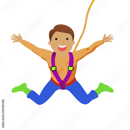 Bungee Jumping Joyride: A cartoon illustration of a happy man bungee jumping with a big smile, his arms wide open, capturing the thrill and exhilaration of the experience.  