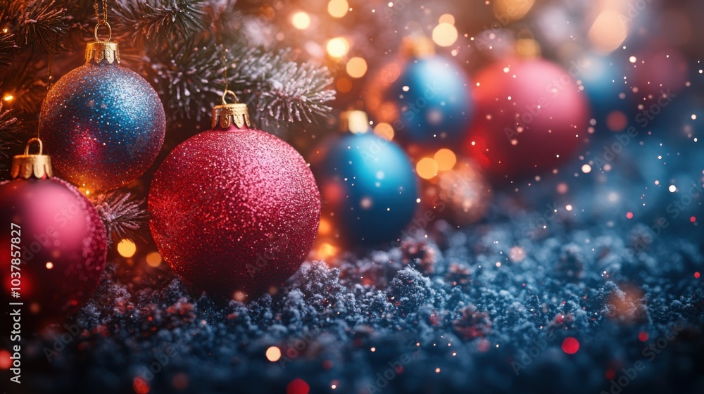 Fototapeta premium A Stunning and Colorful Merry Christmas and Happy New Year Celebration Scene Featuring Vibrant Decorations and Festive Atmosphere for Use in Holiday Promotions and Cards