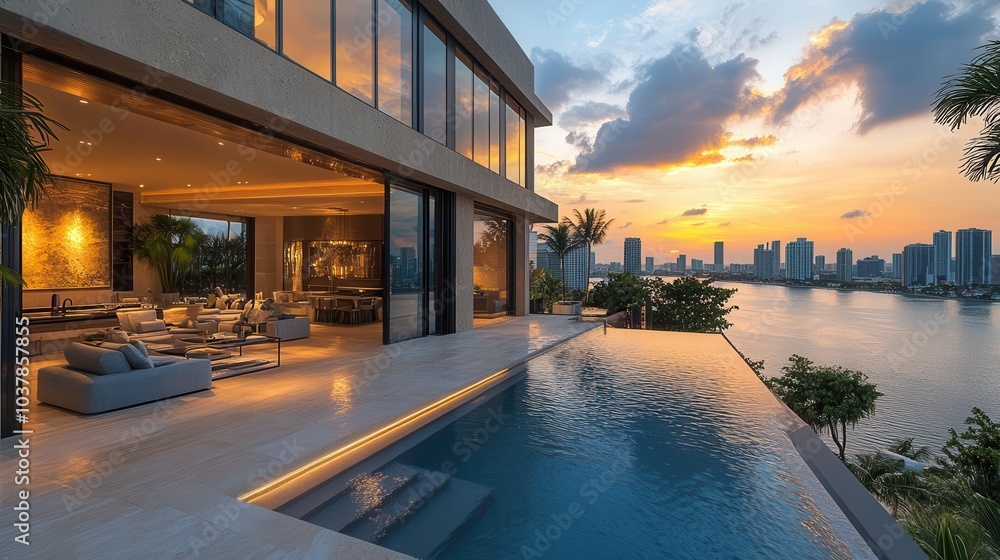 Fototapeta premium an opulent penthouse terrace overlooking the miami skyline featuring a luxurious swimming pool and modern furnishings the sunset casts a warm glow creating a lavish ambiance of relaxation