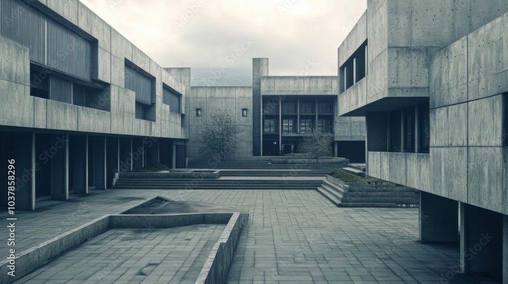 Large open courtyards and imposing concrete buildings dominate the landscape, creating a dramatic atmosphere characterized by minimalist design and deep shadows. Generative AI Large open courtyards and imposing concrete buildings dominate the landscape, creating a dramatic atmosphere characterized by minimalist design and deep shadows. Generative AI
