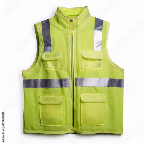 Lime green safety vest; reflective stripes; multiple pockets; zipped front; no people; bright, safety-conscious atmosphere.