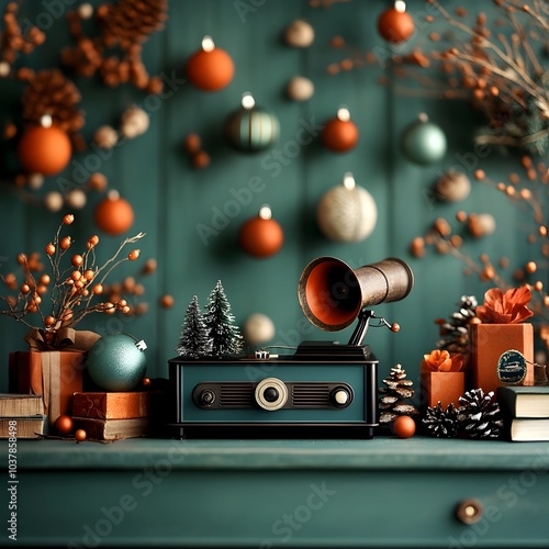 Wallpaper Mural Nostalgic Christmas vignette featuring an heirloom gramophone playing beloved carols a collection of ornate vintage glass and metal ornaments and a roaring fireplace casting a soft golden glow Torontodigital.ca