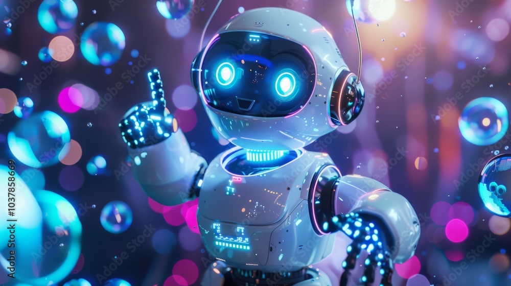 Fototapeta premium Positive cute robot pointing at a space. Copy space