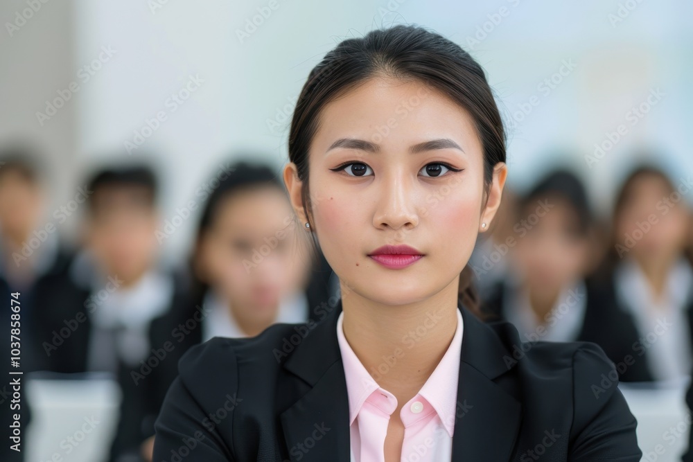 Confident businesswoman in a formal setting, leading a team meeting or presentation with focus and professionalism. Confident businesswoman in a formal setting, leading a team meeting or presentation with focus and professionalism.