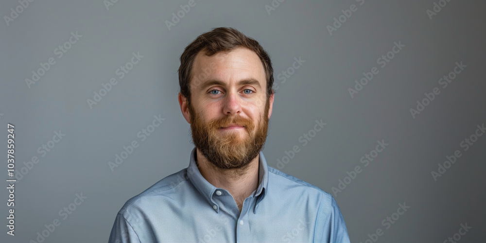 Obraz premium Portrait of a Smiling Man with a Beard in a Light Blue Shirt Against a Gray Background
