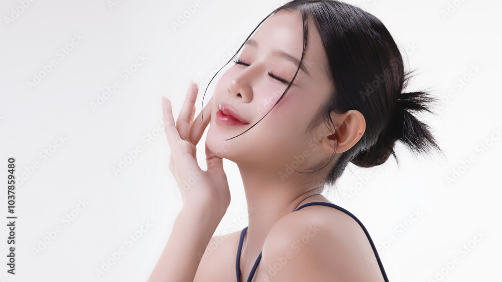 Beautiful young Asian woman with K beauty style makeup and perfect skin on isolated white background. Facial and skin care concept for commercial advertising. Beautiful young Asian woman with K beauty style makeup and perfect skin on isolated white background. Facial and skin care concept for commercial advertising.