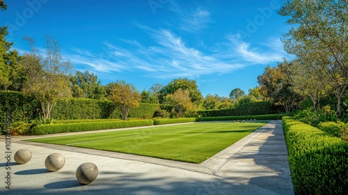 A serene outdoor bocce ball court with a well-maintained surface and neatly placed balls, surrounded by manicured gardens and a clear sky, early afternoon light adding a calm touch photo