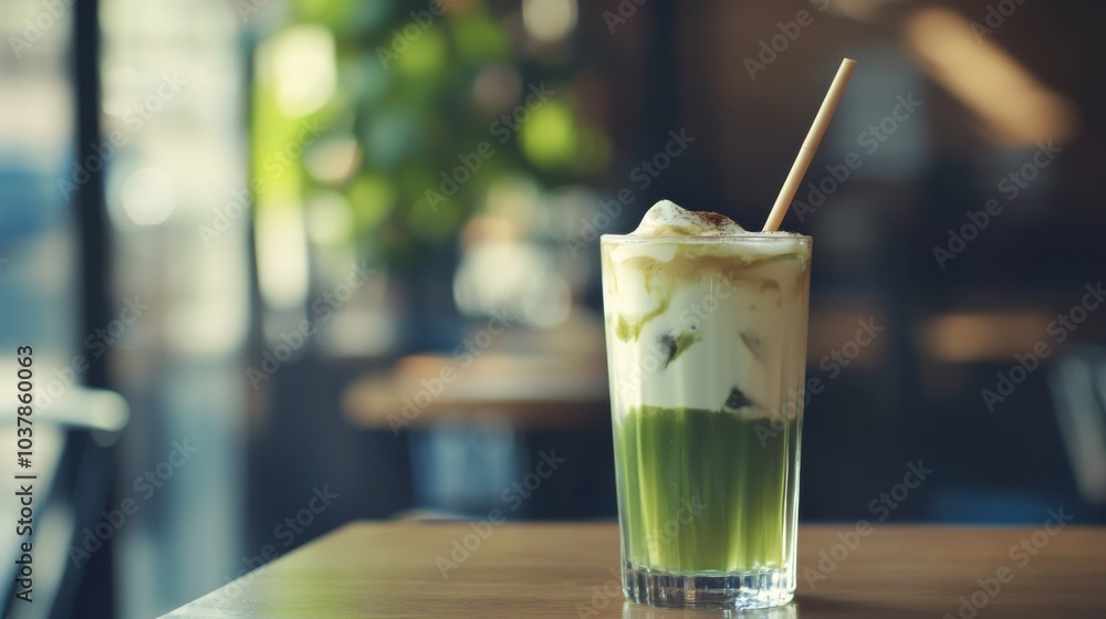 A tall glass of iced matcha latte showcases frothy green layers, elegantly presented with a bamboo straw in a minimalistic café filled with soft, natural lighting. Generative AI A tall glass of iced matcha latte showcases frothy green layers, elegantly presented with a bamboo straw in a minimalistic café filled with soft, natural lighting. Generative AI
