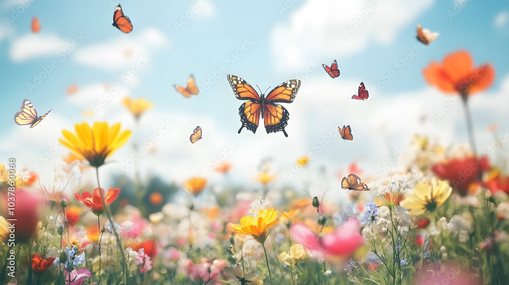 A meadow filled with butterflies flitting through wildflowers, their delicate wings fluttering among the blooms A meadow filled with butterflies flitting through wildflowers, their delicate wings fluttering among the blooms