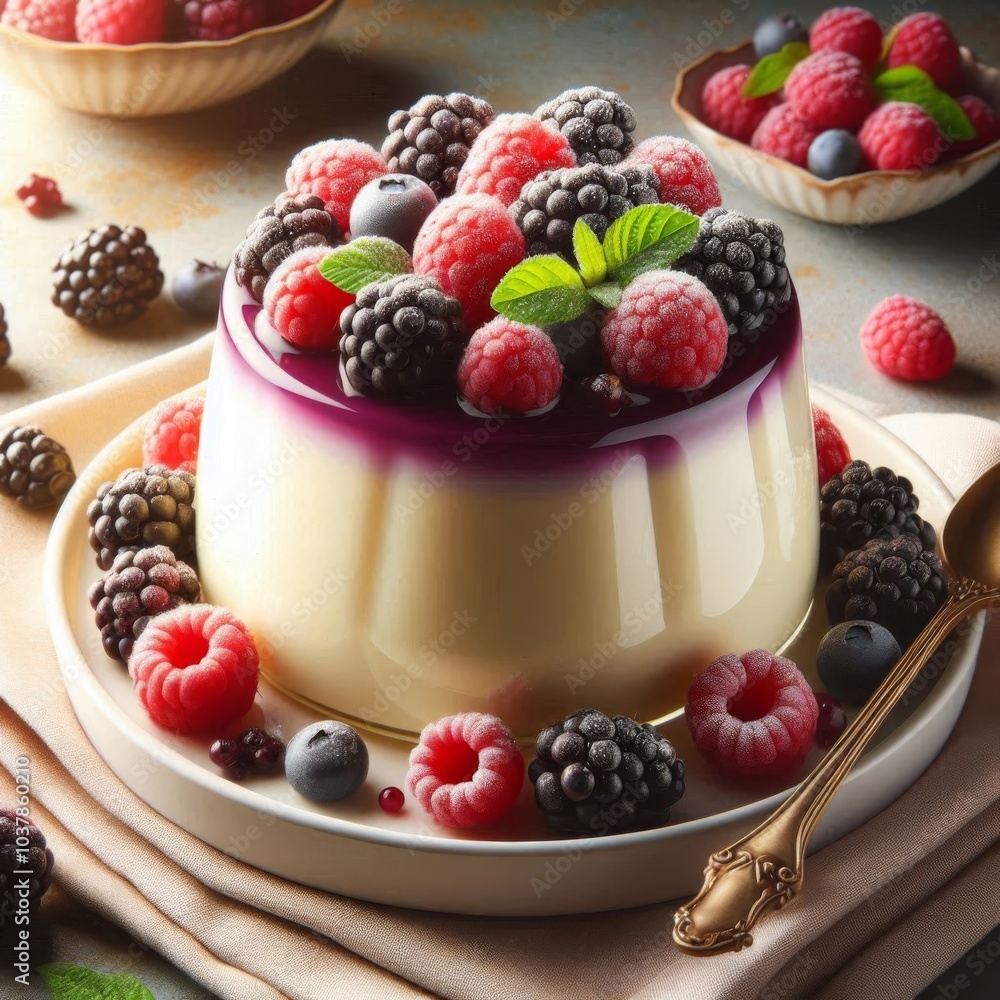 Luxurious milk pudding garnished with ripe blackberries and raspberries, showcasing vibrant color Luxurious milk pudding garnished with ripe blackberries and raspberries, showcasing vibrant color