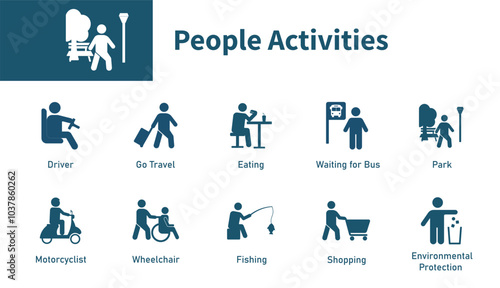 Set of icons about eating, shopping, go travel, walking in the park, waiting for the bus. Icons about people activities.