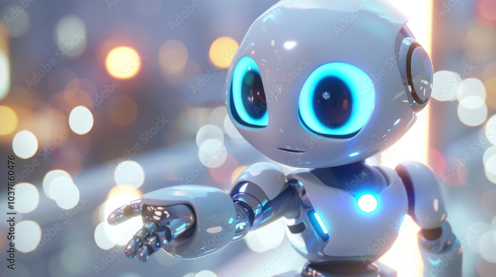 Positive cute robot pointing at a space. Copy space Positive cute robot pointing at a space. Copy space