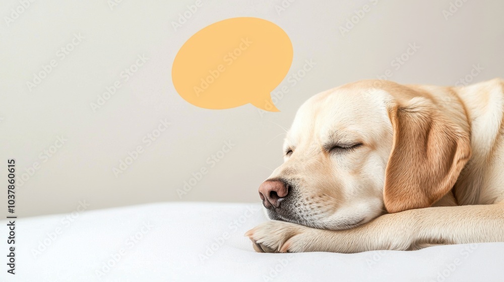 Sleeping dog with dream bubble illustration A cute Labrador retriever sleeps peacefully with an illustrated speech bubble above its head, symbolizing the dog's dream Sleeping dog with dream bubble illustration A cute Labrador retriever sleeps peacefully with an illustrated speech bubble above its head, symbolizing the dog's dream